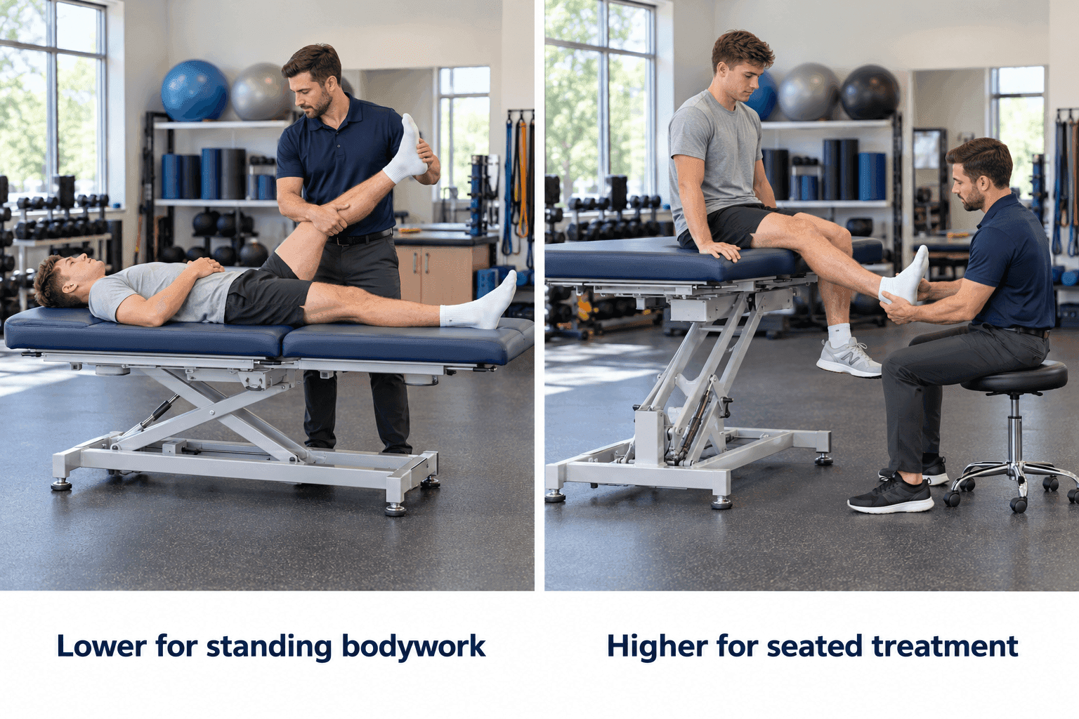 Athletic training tables at two heights, showing a standing practitioner assisting a leg stretch and a seated practitioner treating an ankle.