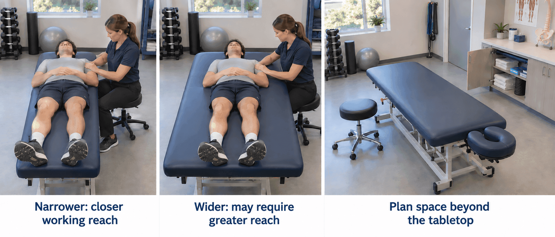 Narrower and wider athletic training tables showing differences in practitioner reach, alongside room space for a face cradle, stool, and cabinet access.